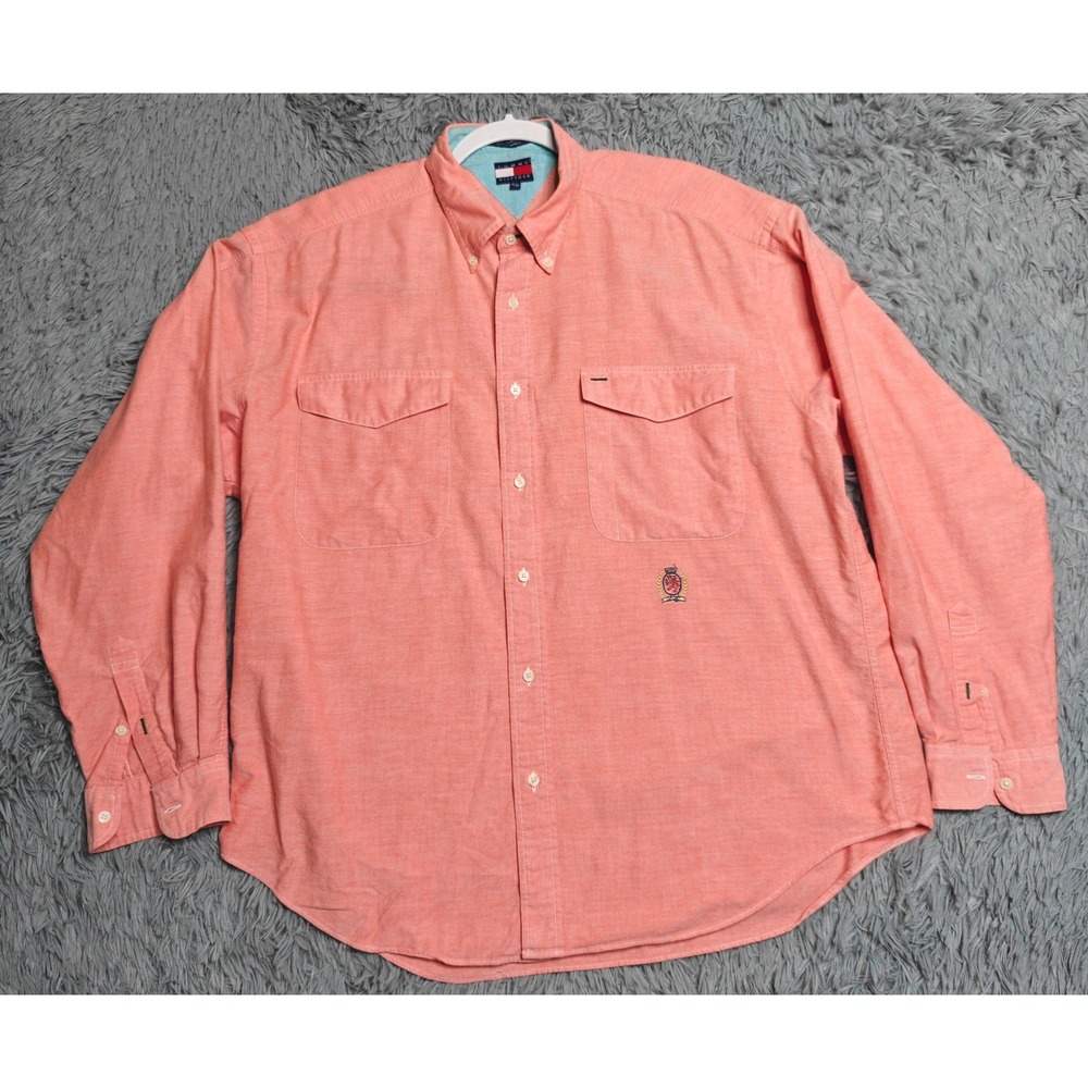 Vintage Tommy Hilfiger Shirt Mens XL Salmon Pink Cotton Button Down Crest Logo